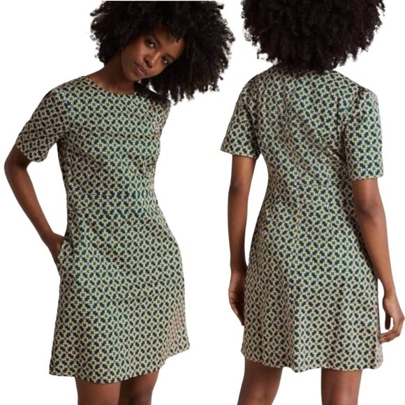 Boden Geometric Pattern Shift Mini Dress Womens 16/18R Green Short Sleeve Preppy - Picture 1 of 14
